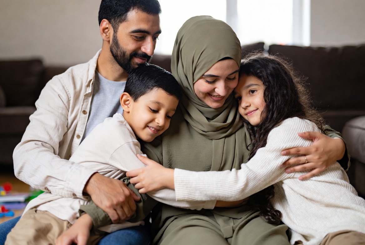 Muslim family embracing at home
