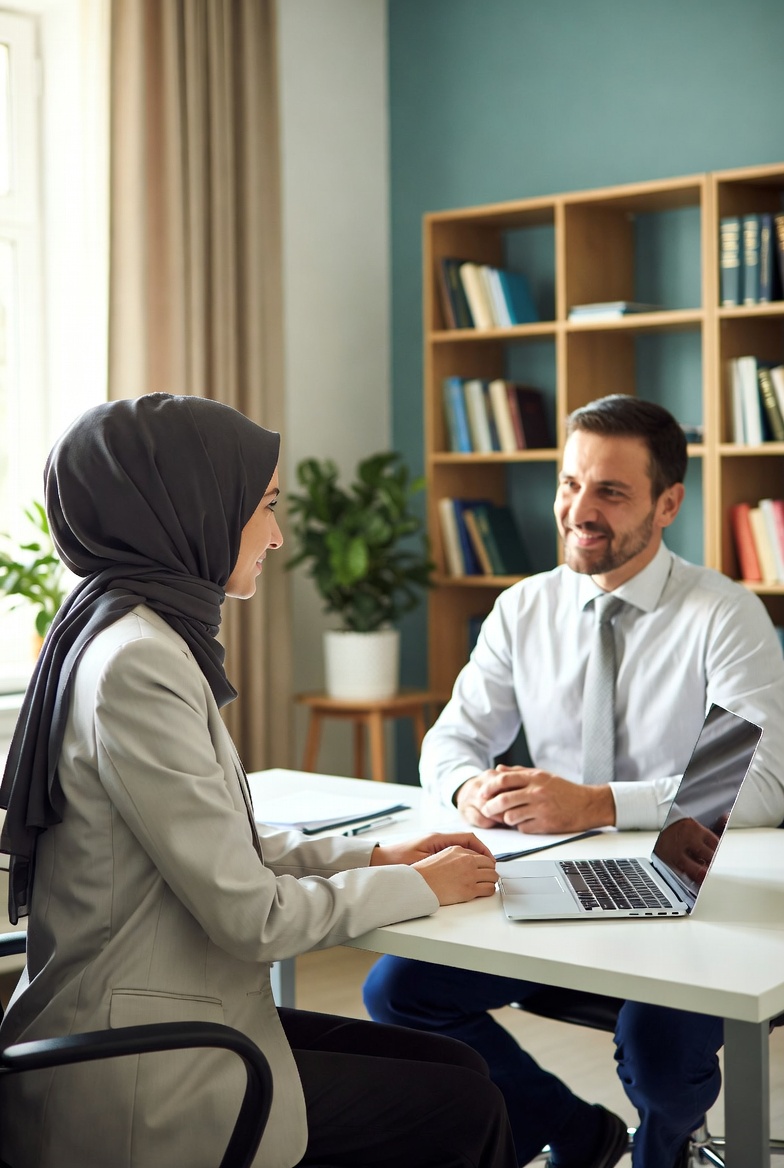 Muslim woman in hijab consulting with professional advisor